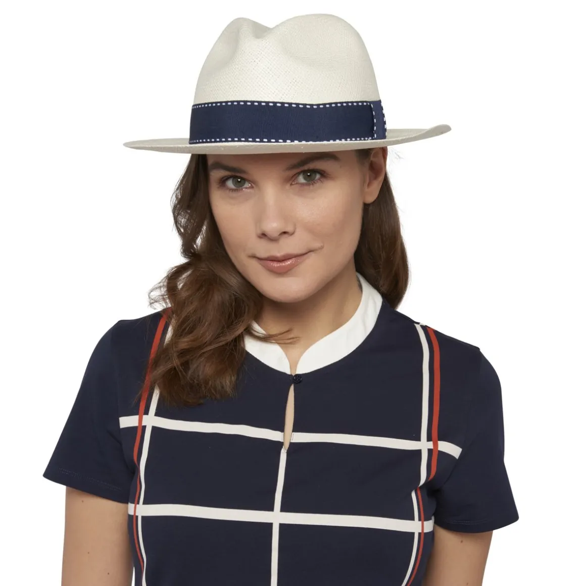 Roland-Garros Casquettes & Chapeaux-Panama véritable unisexe ruban avec coutures apparentes - ivoire et marine