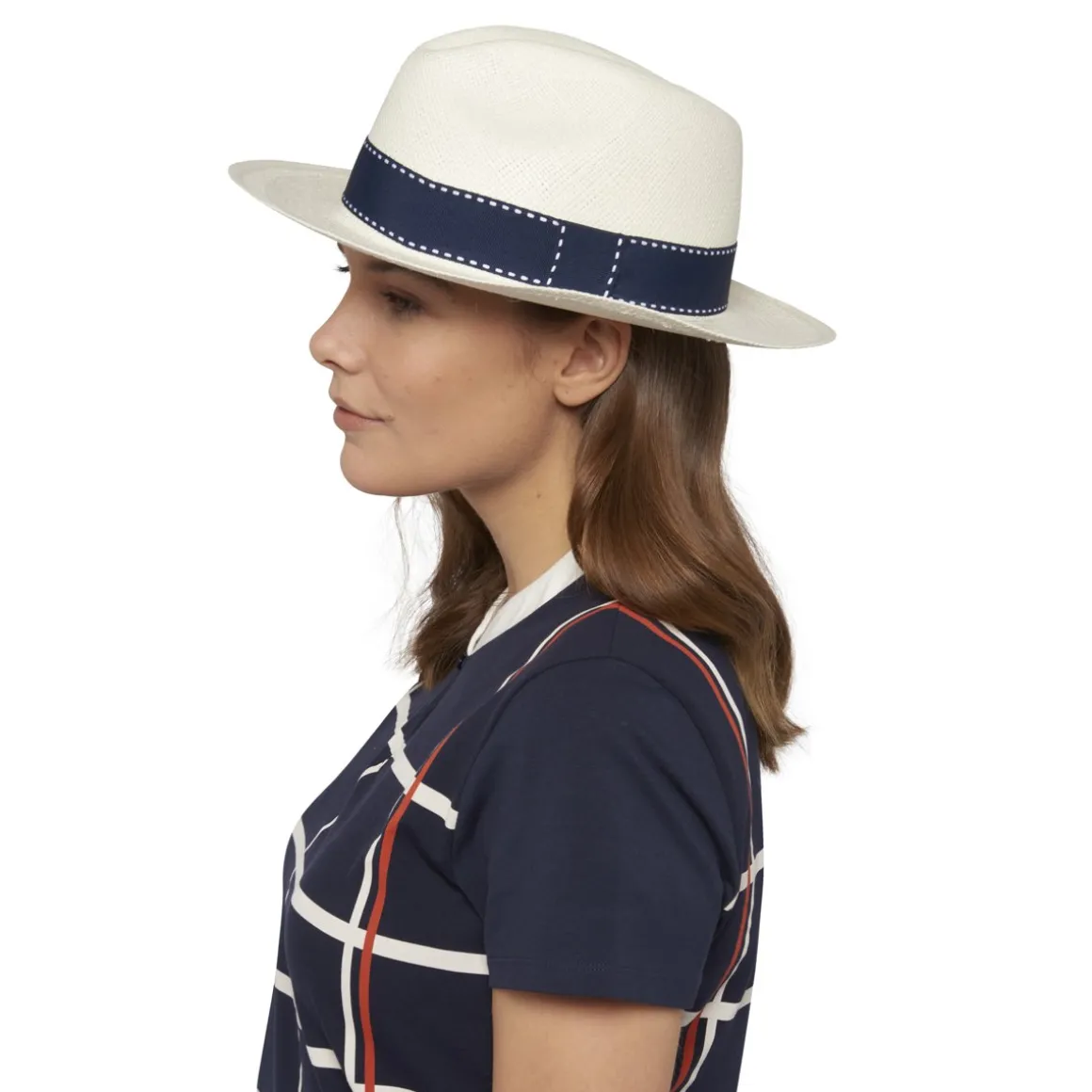 Roland-Garros Casquettes & Chapeaux-Panama véritable unisexe ruban avec coutures apparentes - ivoire et marine