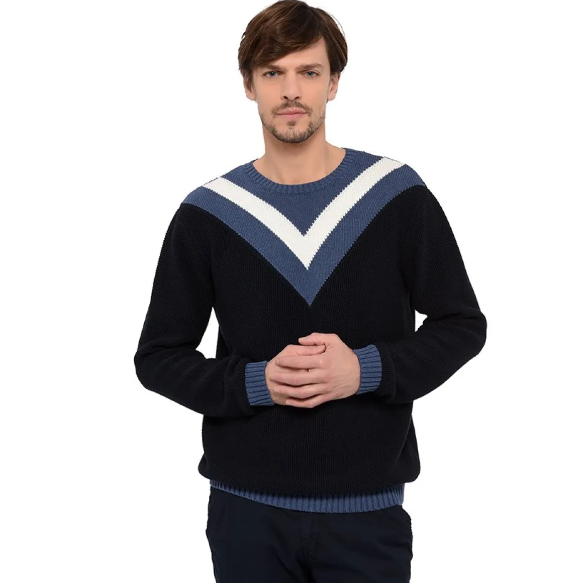 Roland-Garros Pulls & Sweats-Pull homme col rond coton jacquard rayures contrastées - marine