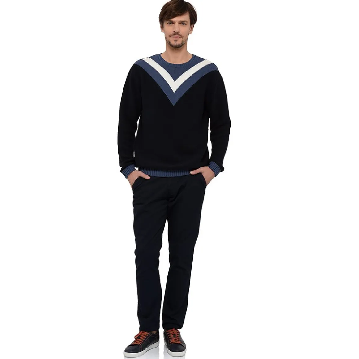 pull_homme_col_rond_coton_jacquard_rayures_contrastes__marine_2.webp Roland-Garros Pulls & Sweats-Pull homme col rond coton jacquard rayures contrastées - marine